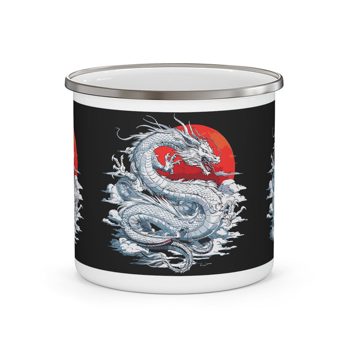 Black enamel camping mug with silver rim and centered blue-and-red dragon graphic