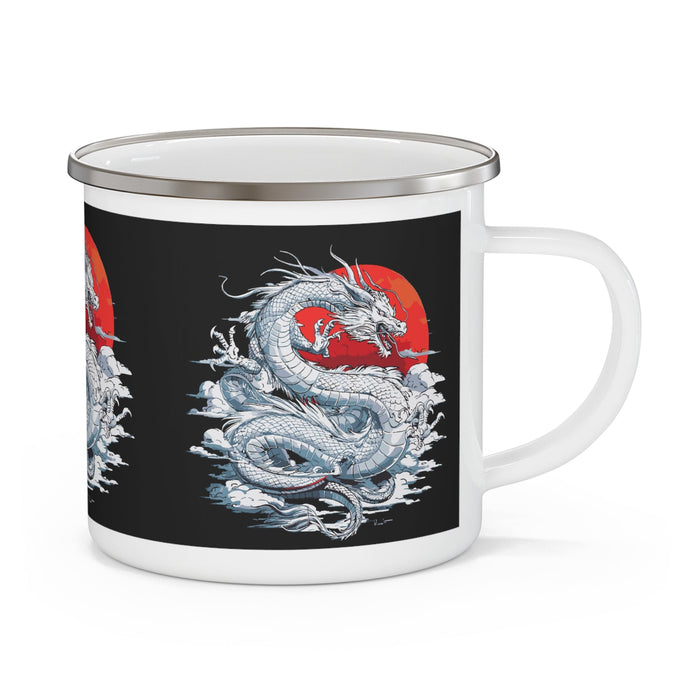 Black enamel camping mug with silver rim, blue-and-red dragon print and white handle