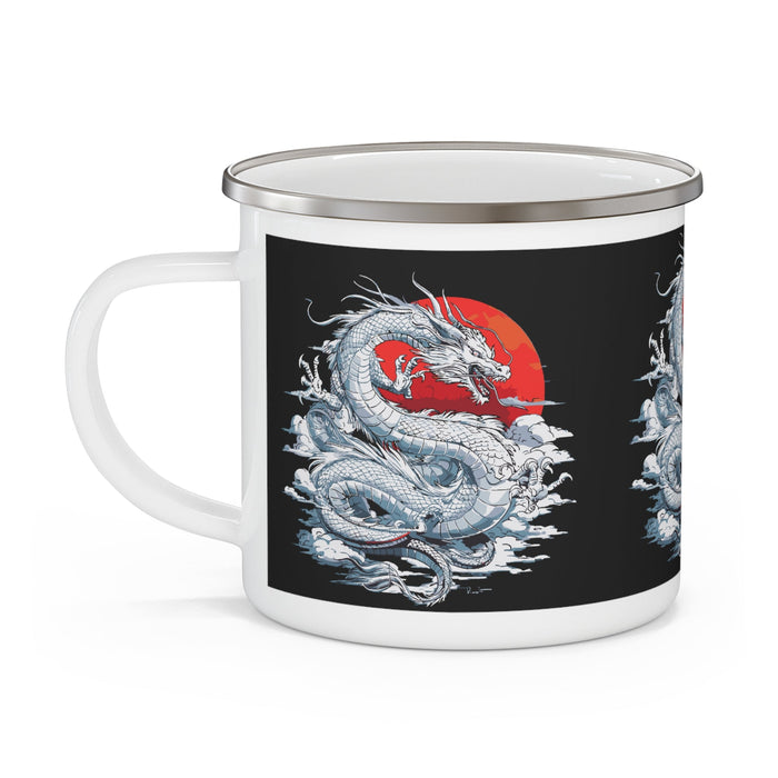 Black enamel camping mug with silver rim, blue-and-red dragon print, white side handle