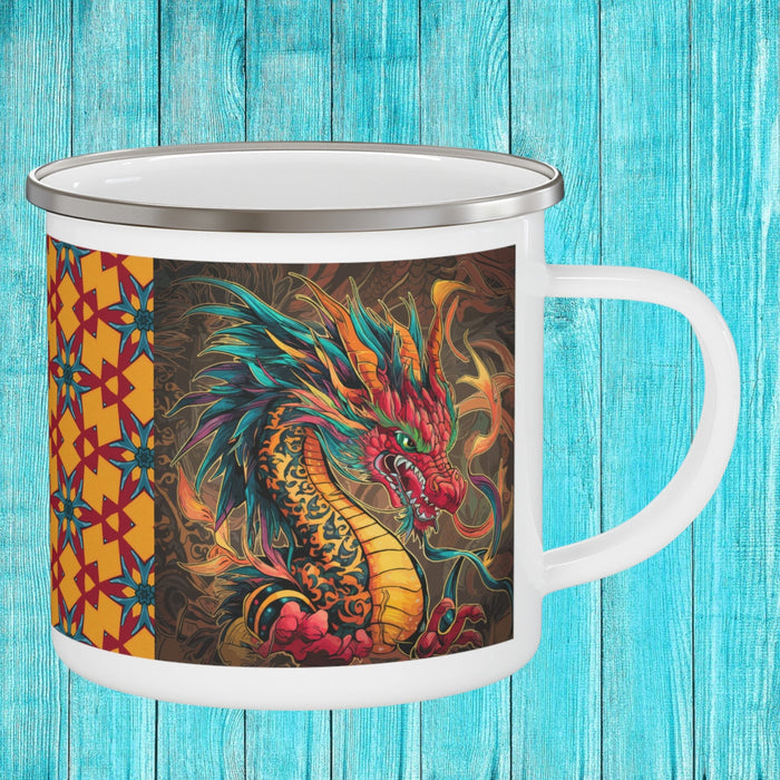 Enamel camping mug with white handle and colorful dragon artwork on the front