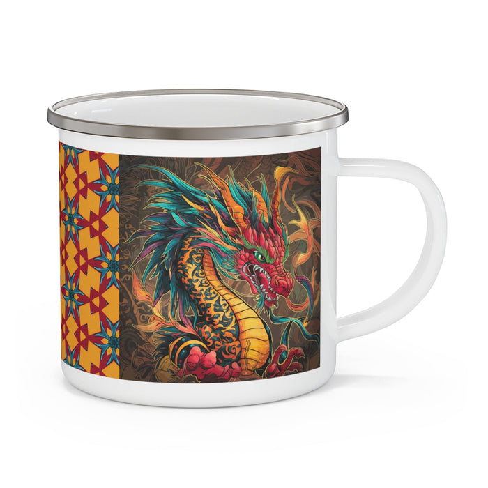 Enamel camping mug with teal, orange, and red dragon illustration and white handle