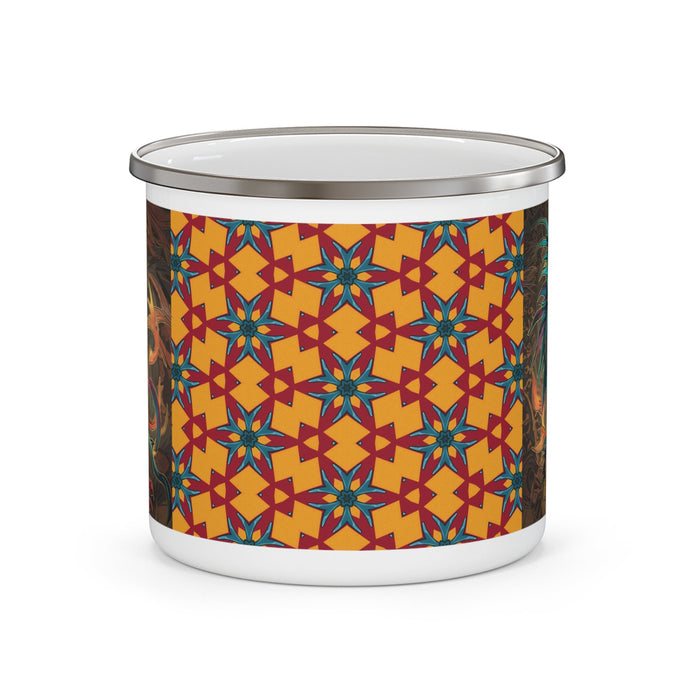 Enamel camping mug with geometric star pattern panel and silver lid rim