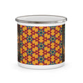 Enamel camping mug with geometric star pattern panel and silver lid rim