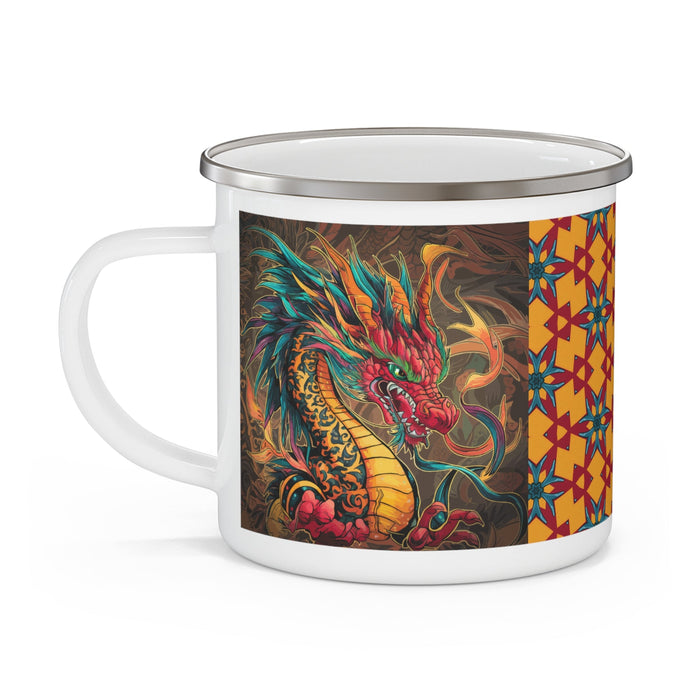 Enamel camping mug with dragon illustration and white handle, framed by geometric stars