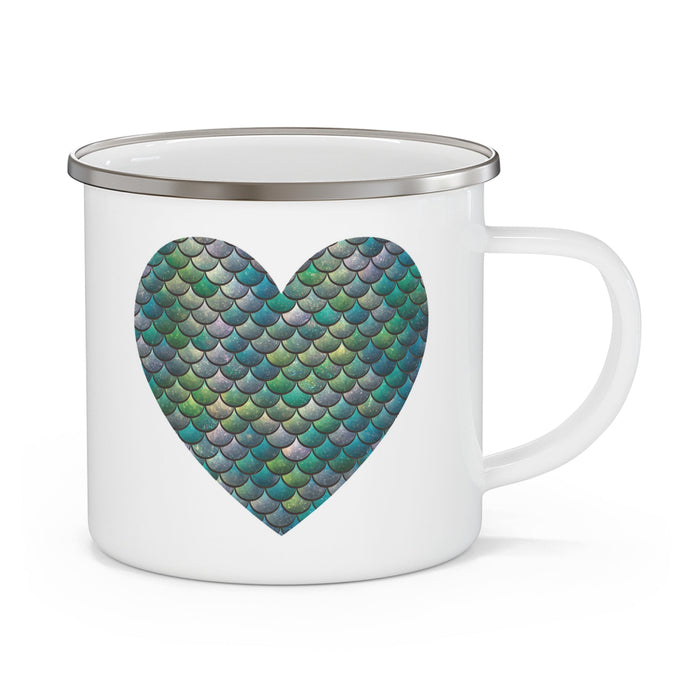 White enamel camping mug with large teal mermaid heart scale graphic and curved handle