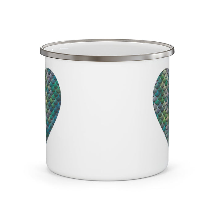 White enamel camping mug with teal mermaid scale heart panels on both sides