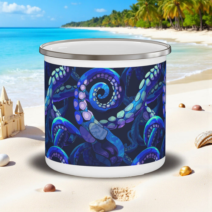 Enamel camping mug with octopus graphic, dark blue body and metal lid
