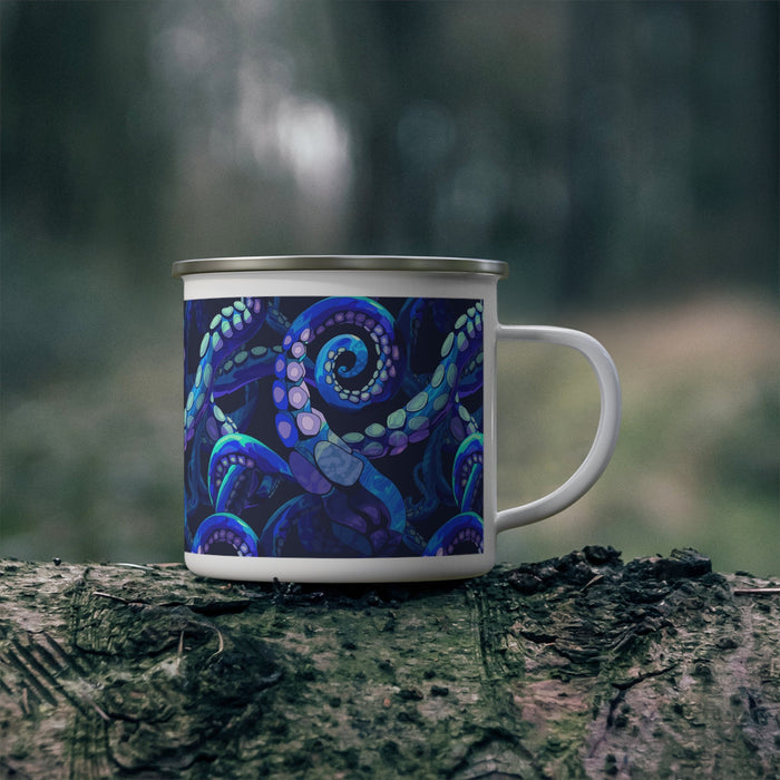 Enamel camping mug with handle and octopus graphic, dark blue enamel and metal rim