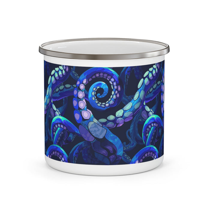 Enamel camping mug with octopus design, dark blue enamel with metal lid, no handle