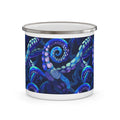 Enamel camping mug with octopus design, dark blue enamel with metal lid, no handle