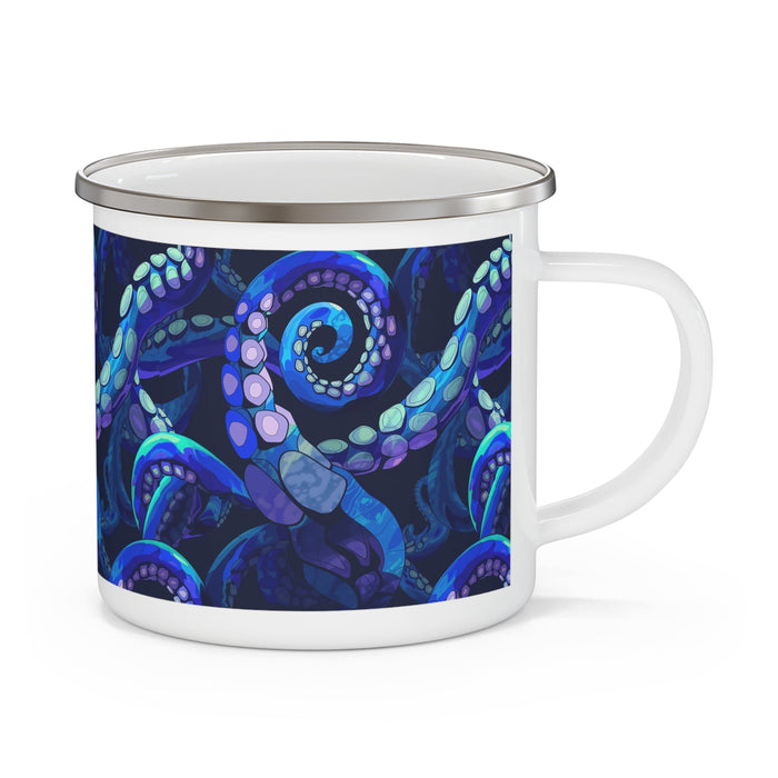 Enamel camping mug with octopus graphic, dark blue enamel and white side handle, metal lid