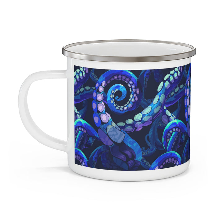 Enamel camping mug with octopus artwork, dark blue enamel and white handle, metal lid