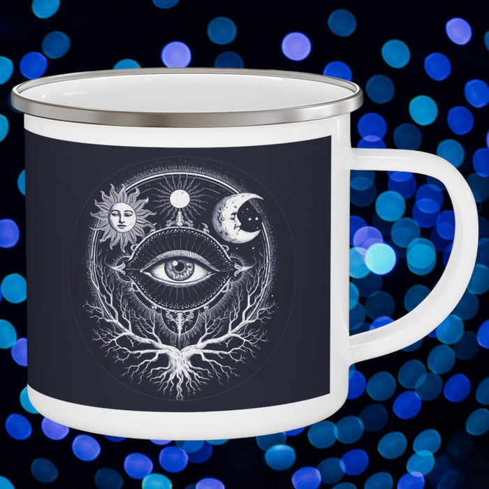 Enamel camping mug, dark navy with white sacred eye illustration and side handle