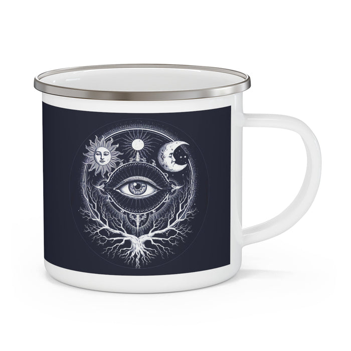 Enamel camping mug with white rim and handle, dark navy body with sacred eye graphic