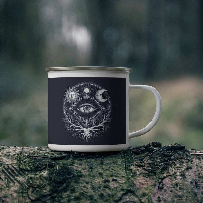 Enamel camping mug on log, dark navy with white sacred eye illustration and handle