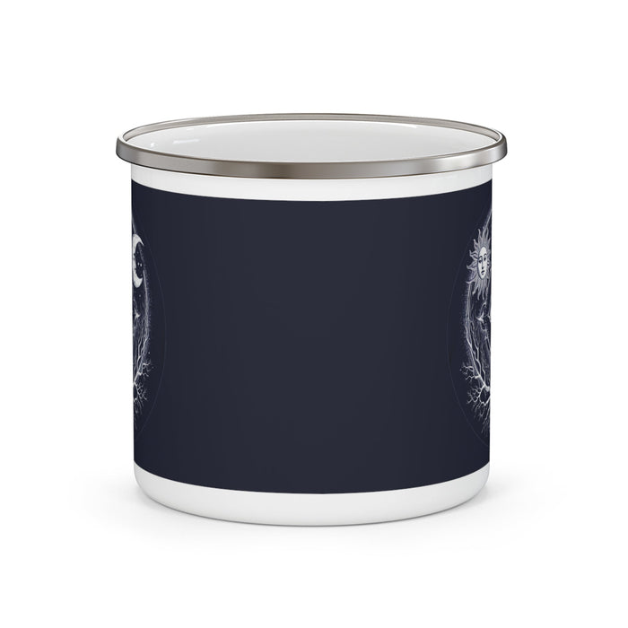 Enamel camping mug side view, dark navy body with partial white sacred eye design