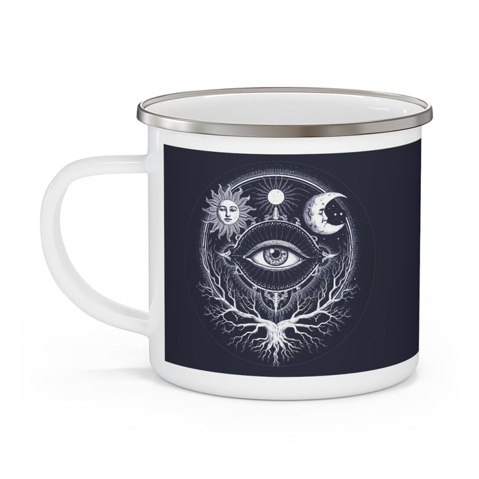 Enamel camping mug front view, dark navy with white sacred eye graphic and handle