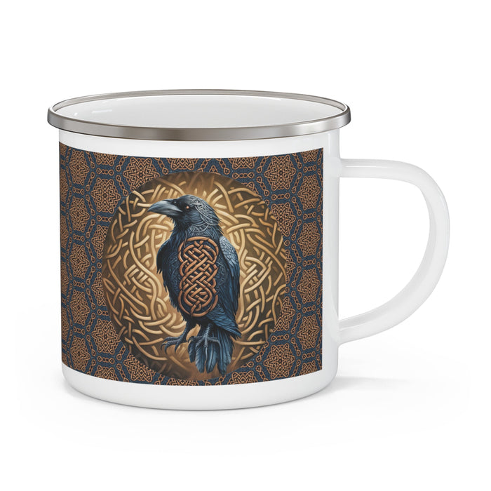 Enamel camping mug with raven artwork, blue-brown geometric background and gold knot circle