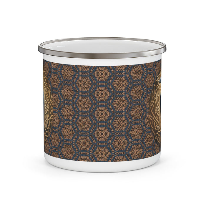 Enamel camping mug with blue-brown geometric pattern, no figure visible, white base