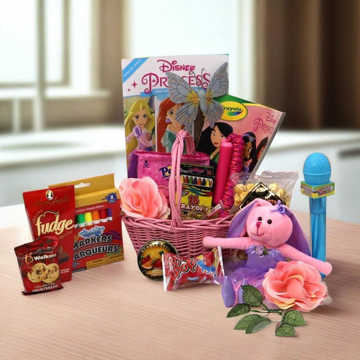 Pink woven gift basket with plush pig, crayons, pink gift items, and candy