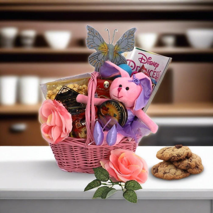 Pink woven gift basket with plush pig, butterfly decoration, and large pink roses