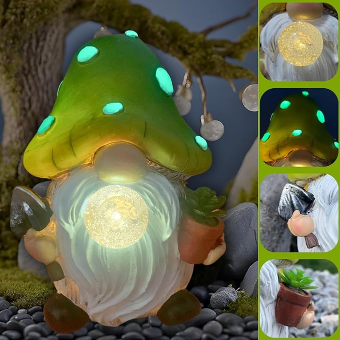 Glowing solar mushroom gnome statue with green cap, white beard, and transparent light base close-up