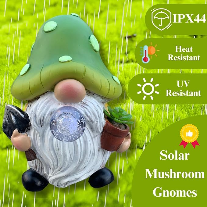 Solar mushroom gnome yard statue in grass, green cap with glowing orb and white beard