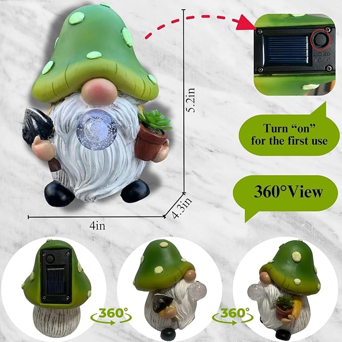 Solar mushroom gnome statue with green mushroom top, white beard, and solar panel back view