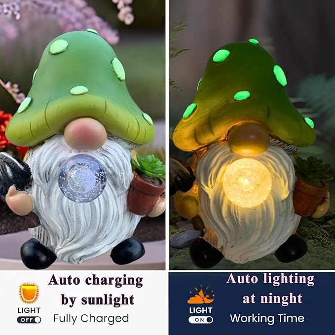 Solar mushroom gnome statue showing green cap, white beard, and glowing light at night