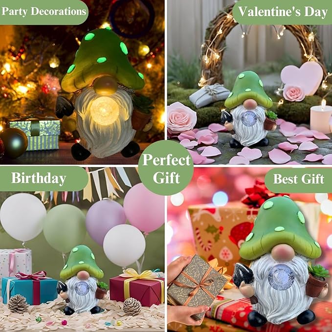 Solar mushroom gnome statue with glowing light, green cap, white beard, and flowers and lights around