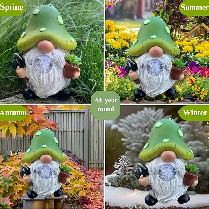 Solar mushroom gnome statue in seasonal outdoor scenes, green cap with glowing orb and white beard