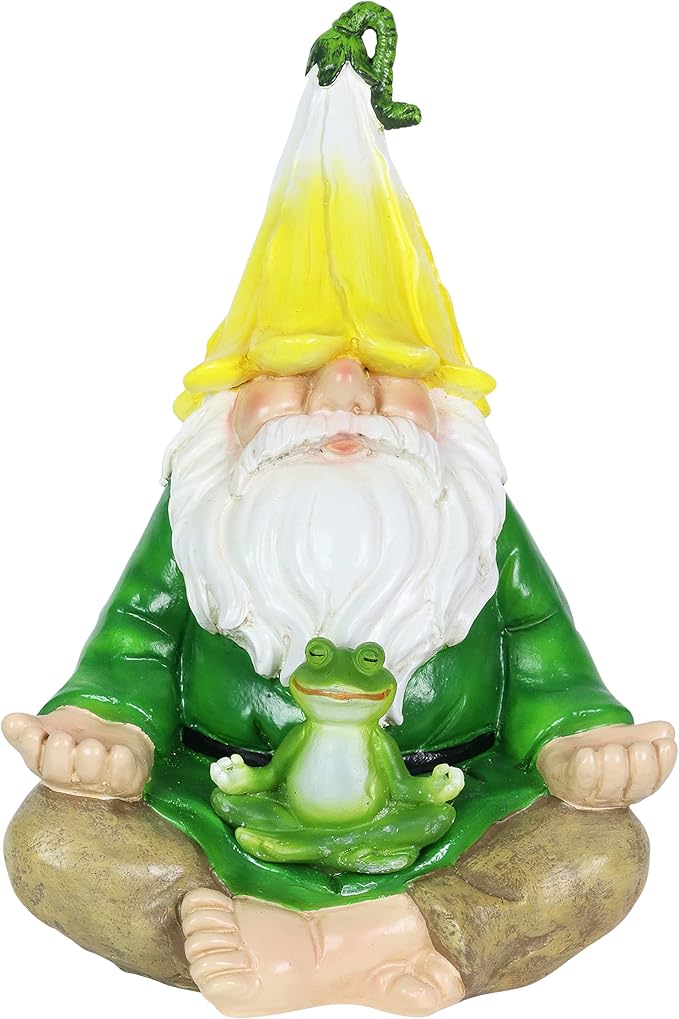 Meditating gnome resin statue with yellow cap, white beard, and green frog on lap