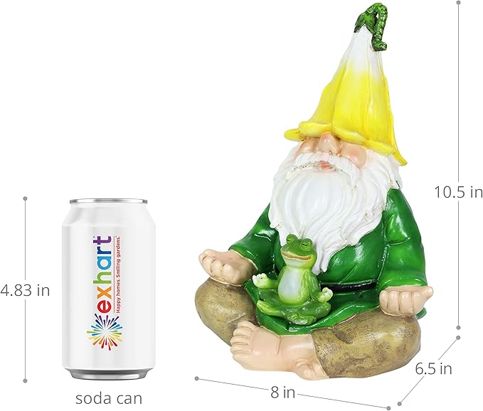 Meditating gnome statue with green frog and yellow cap shown with size dimensions