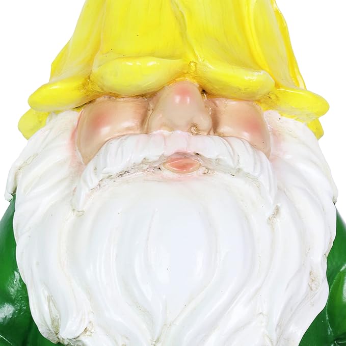Close-up of meditating gnome face and yellow cap with lit green details on beard area