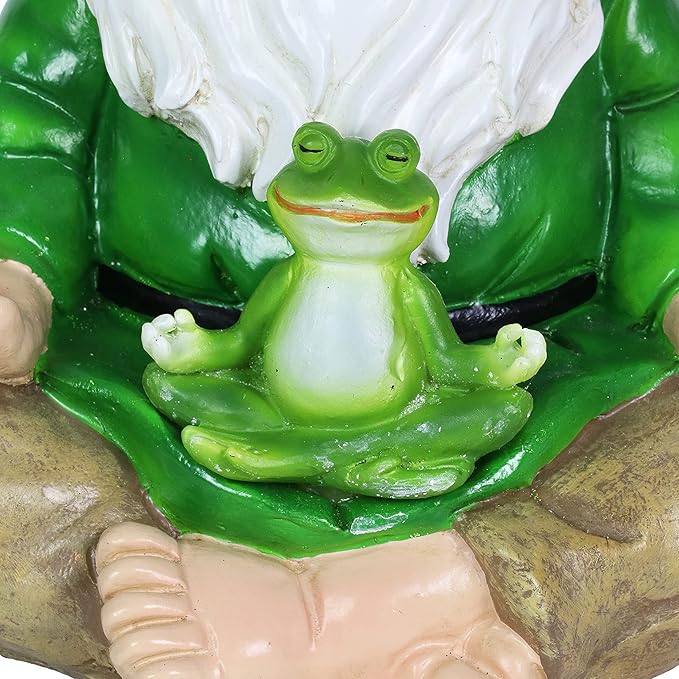 Close-up of green frog and gnome lap, showing glossy resin and glowing LED center