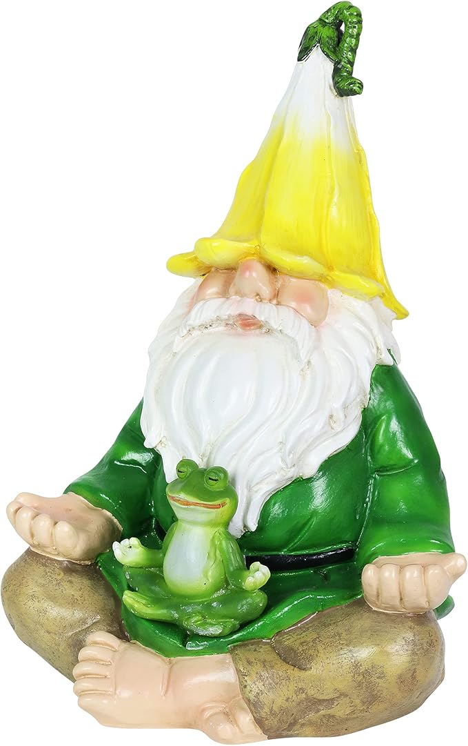 Seated meditating gnome resin statue with green frog in lap, yellow hood and white beard