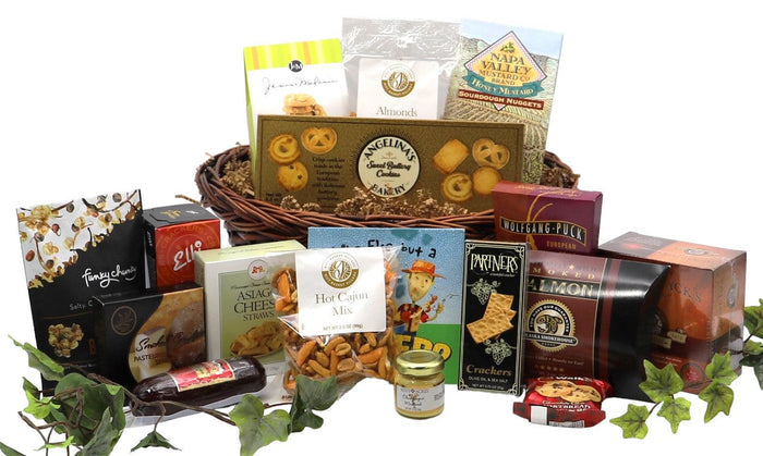 Extra-large gift basket with assorted snack boxes, tins, and treats in woven basket