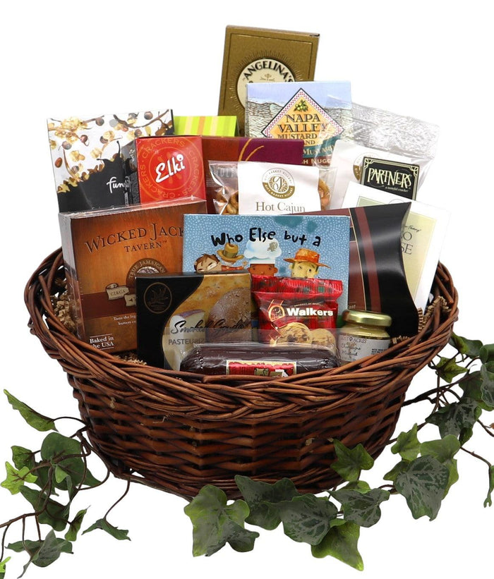 Woven gift basket filled with assorted snack packages, including a booklet and tins