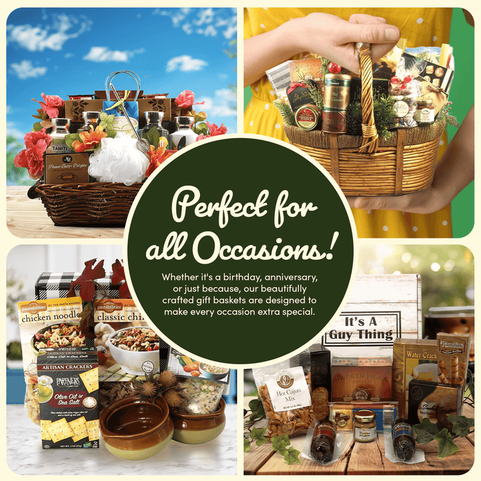 Gift basket collage showing prepared baskets with food items and congratulatory message