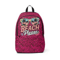 Magenta fabric backpack with beach-themed “Beach Please” graphic and black trim