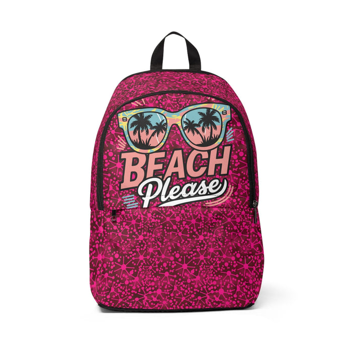 Magenta fabric backpack with beach-themed “Beach Please” graphic and black trim