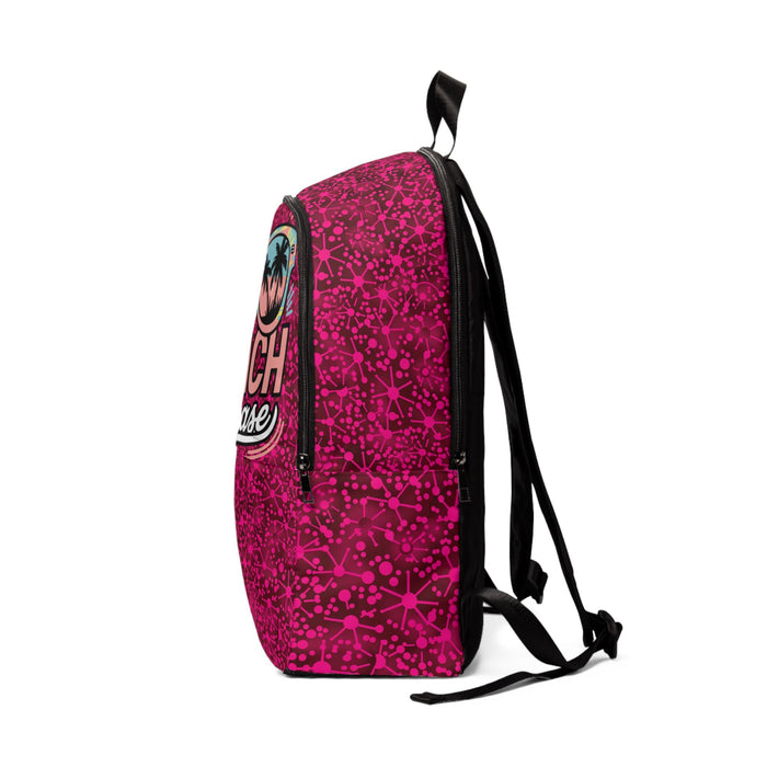 Magenta fabric backpack with beach graphic, back view, adjustable shoulder straps