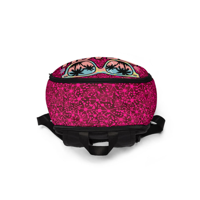 Magenta fabric backpack with beach-themed top zip and black bottom panel