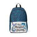 Teal mermaid-themed fabric backpack, front zipper and 'Embrace Mermaid Dreams' print
