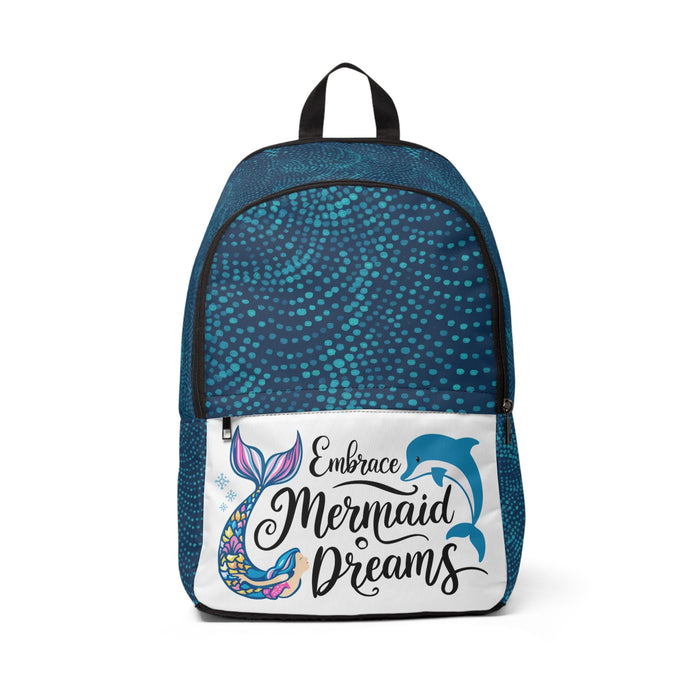 Teal mermaid-themed fabric backpack, front zipper and 'Embrace Mermaid Dreams' print