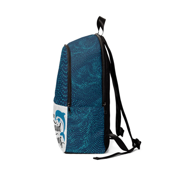 Teal textured fabric backpack with black straps and mermaid graphic side panel