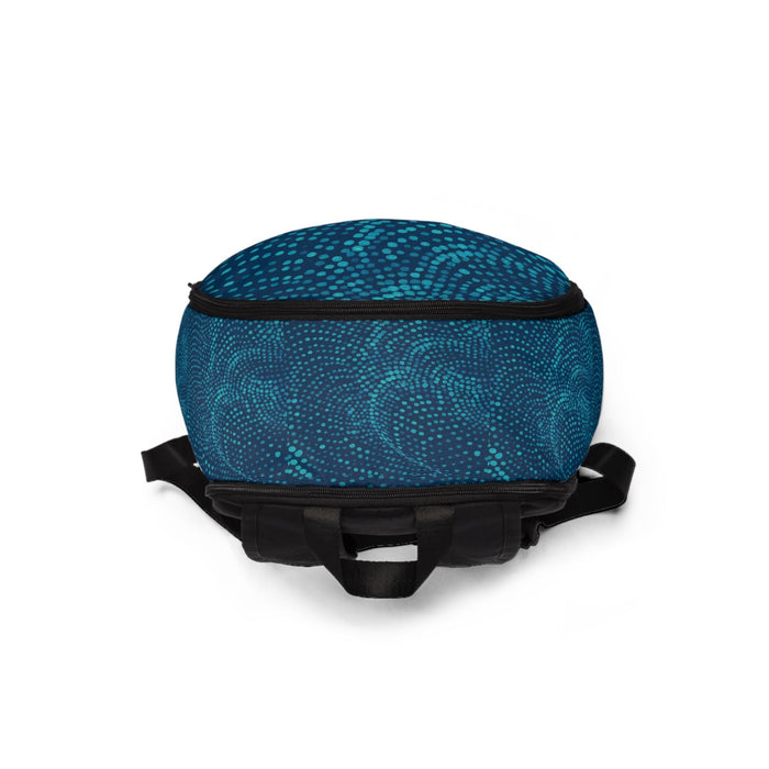 Teal textured fabric backpack with zippered top and black base straps