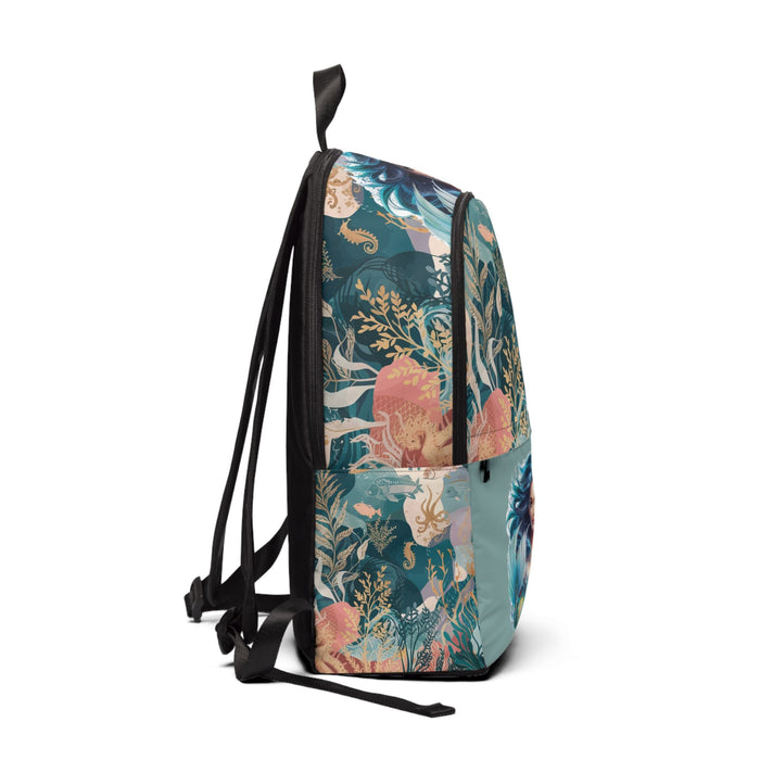 Teal mermaid-themed fabric backpack, side view with black adjustable shoulder straps.