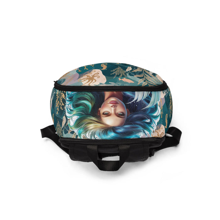 Top-view fabric backpack with mermaid portrait graphic, black zipper and straps.