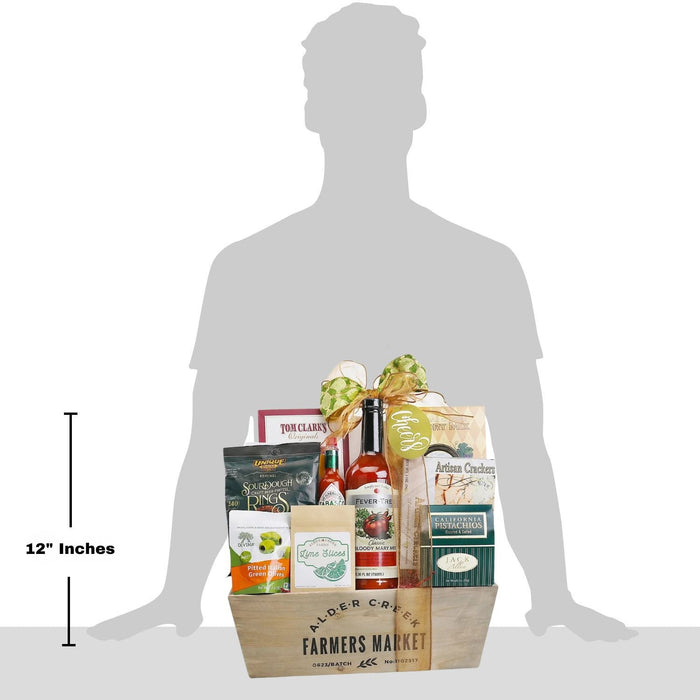 12 in tall cocktail gift basket with bow, bottles, crackers, olives in wooden crate